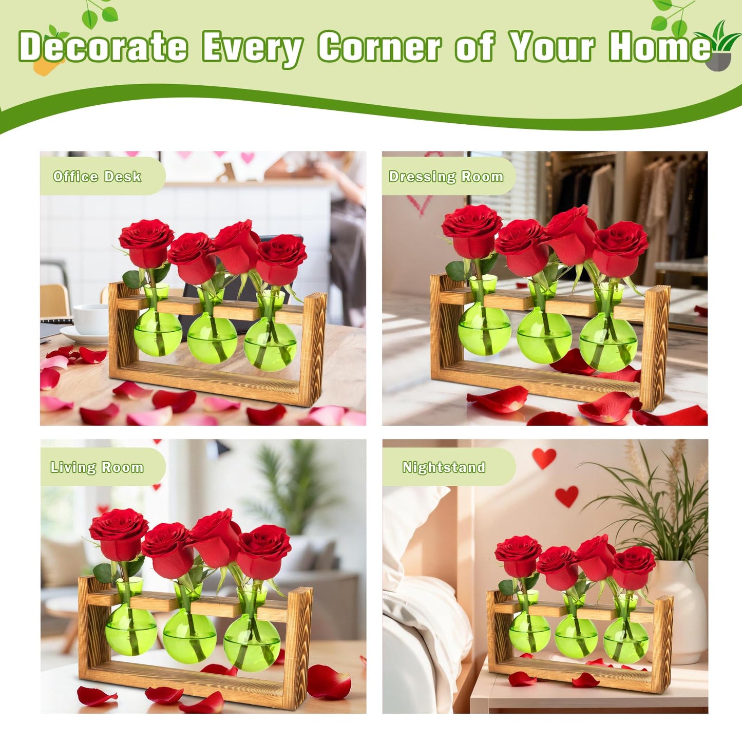 XXXFLOWER Glass Plant Terrarium Propagation Station, Gifts for Mom Plant Lovers Wife Daughter, 3 Bulb Glass Vase Plant Terrarium Tabletop for Hydroponics Home Office Indoor Decor (Green)