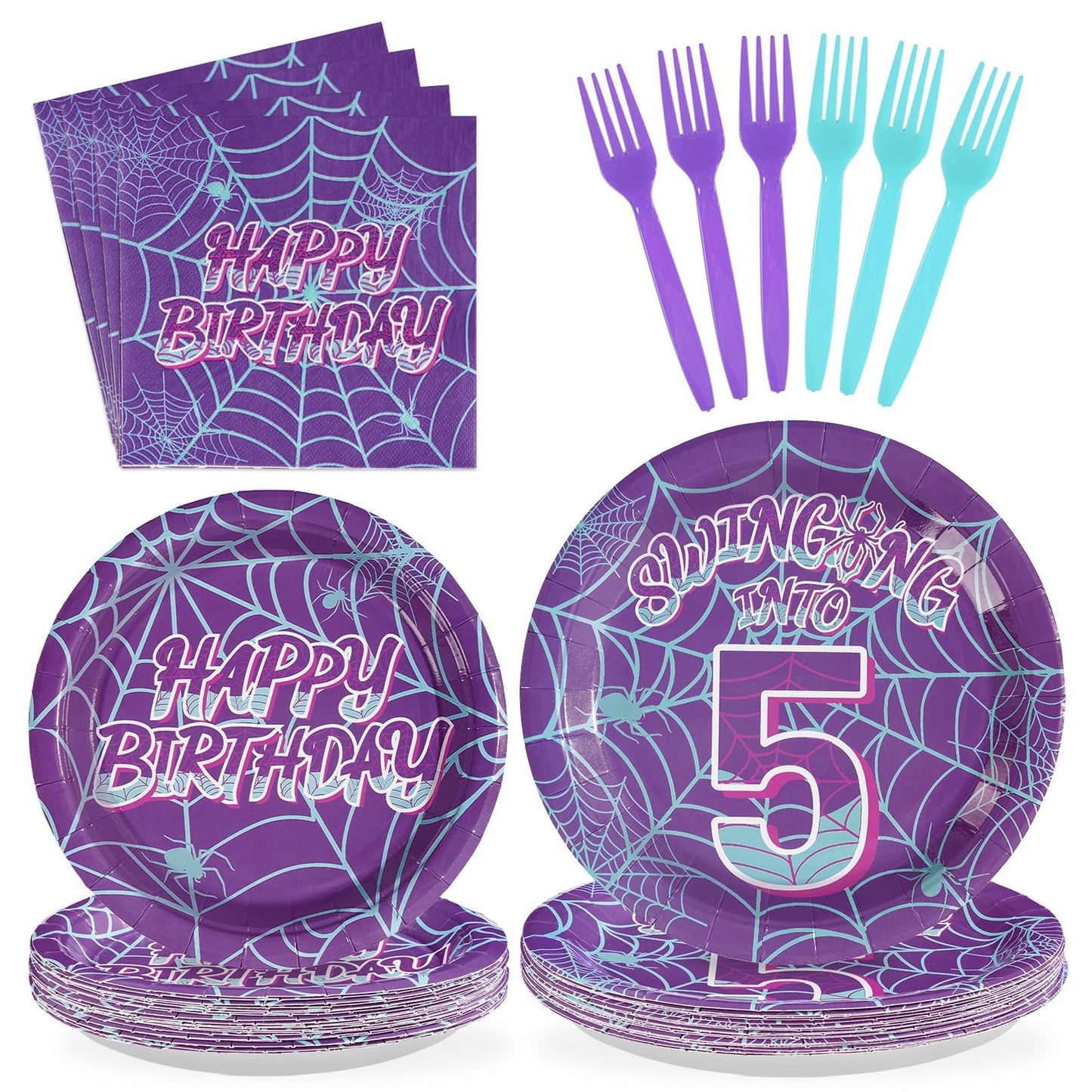 Greencian 96Pcs Spider 5th Birthday Party Supplies Purple Spiderweb Party Plates and Napkins Disposable Ghost Cartoon Tableware Set for Kids Birthday Halloween Hero Theme Decorations, Serves 24