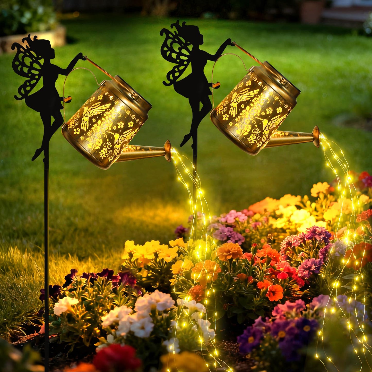 X-PREK Solar Lights Outdoor Waterproof, Fairy Solar Garden Lights Outdoor Decoration, Hummingbird Solar Watering Can Light Gardening Gifts for Mom Grandma 2 Packs