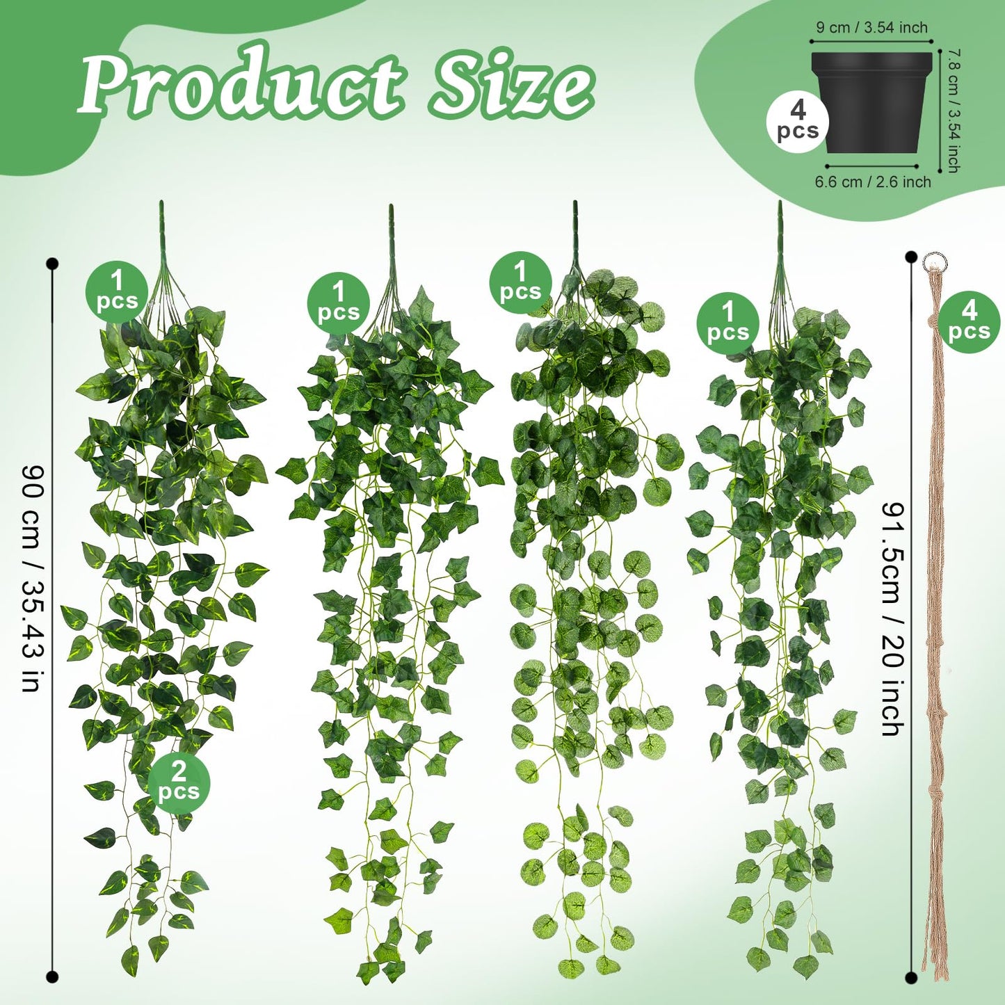 Folmywy 4 Pack Artificial Hanging Plants Vines with Pot Fake Vine Potted Plant Mixed Greenery Leaves Plant Theme Classroom Decoration for Indoor Outdoor Living Room Office Shelf