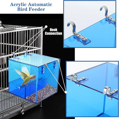 Automatic Bird Feeder Residue-Free Bird Cage Pet Feeder Seed & Pellet Container for Long-Tailed Parrots, Budgerigars, Canaries, Cockatiels, Lovebirds Acrylic Material Blue 6.3 x 6.3 x 6.3 Inches