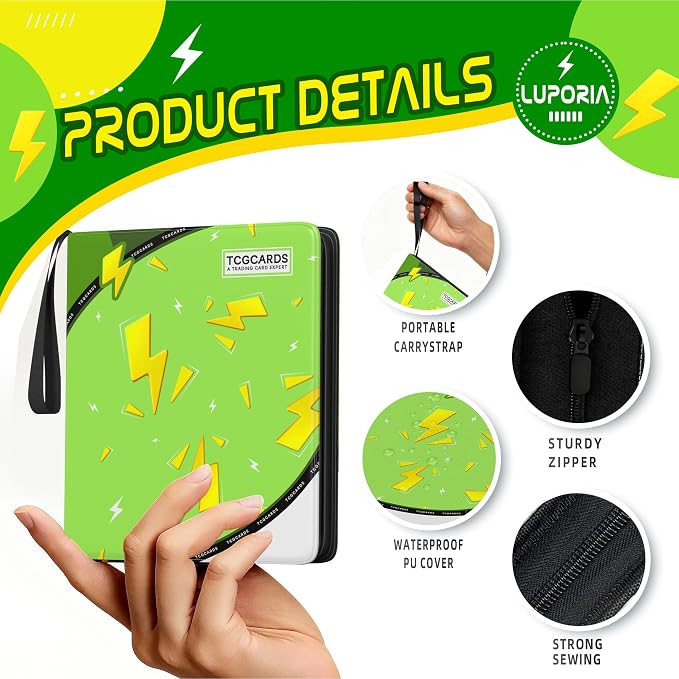 Trading Card Binder 4 Pocket,400 Pocket Card Collection Binder with 50 Removable Sleeves,PU Waterproof Top Card Book,3-Ring Zipper Collectible Trading Card Album for MTG/TCG/Card Holder Gift（Green）