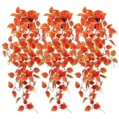 3 Pack Artificial Fall Plants Hanging Orange Vines Potted Fall Foliage Fake Pothos Trailing Plant Autumn Decoration for Indoor Outdoor Thanksgiving Bathroom Wall Kitchen Room Shelf Decor (Black Pot)