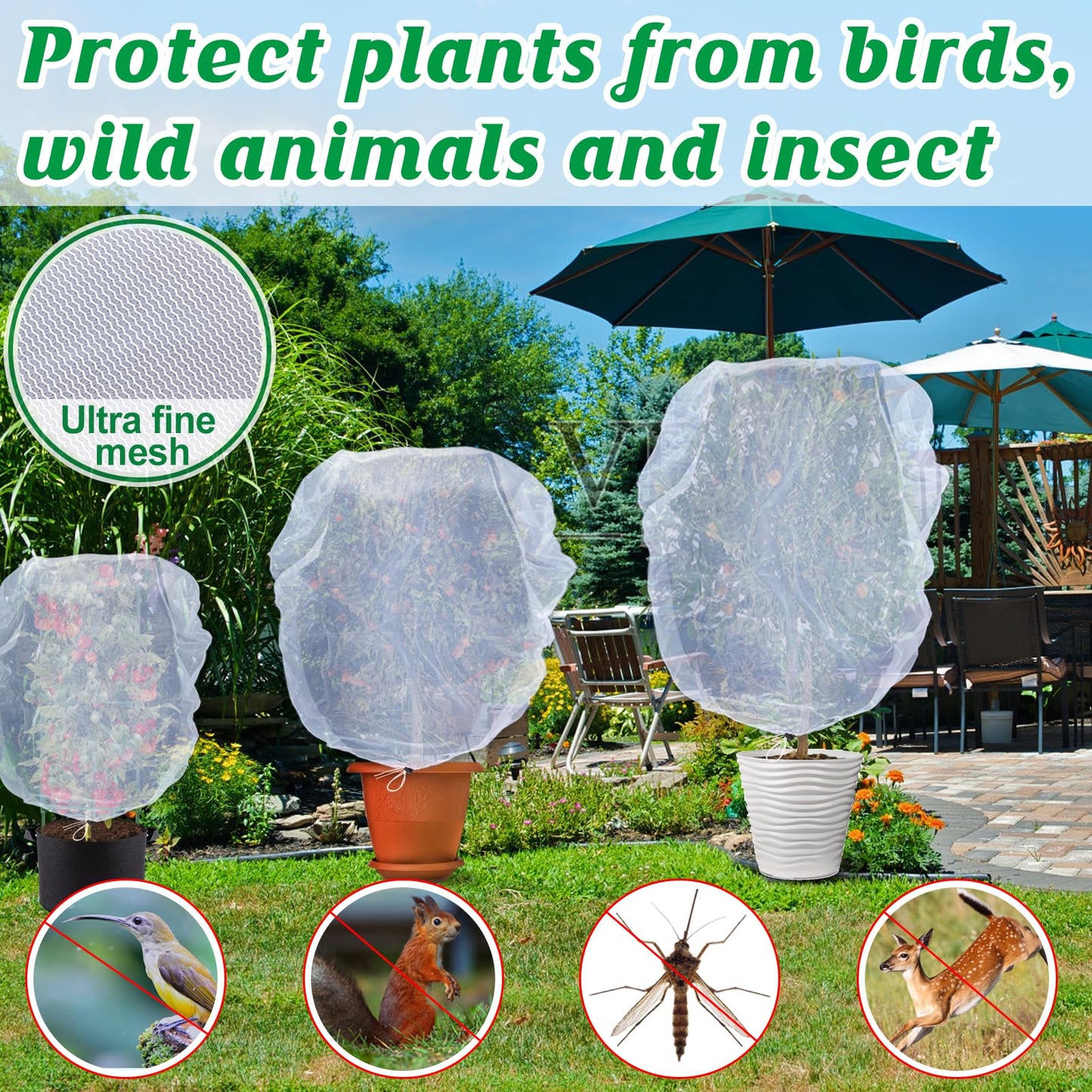 9 Pack Garden Bird Netting for Plants - 3 Size Sun Resistant Blueberry Tomato Protecting Netting with Drawstring, Fine Mesh Fruits Tree Protection Barrier for Block Squirrels Deer