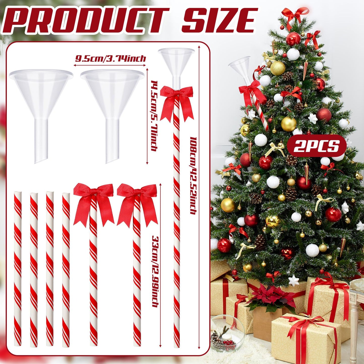 4 Pcs 40 Inch Christmas Tree Watering Funnel Reusable Xmas Tree Funnel Waterer Red and White Striped Christmas Watering System Longer Spout Xmas Device for Indoor and Outdoor Plants