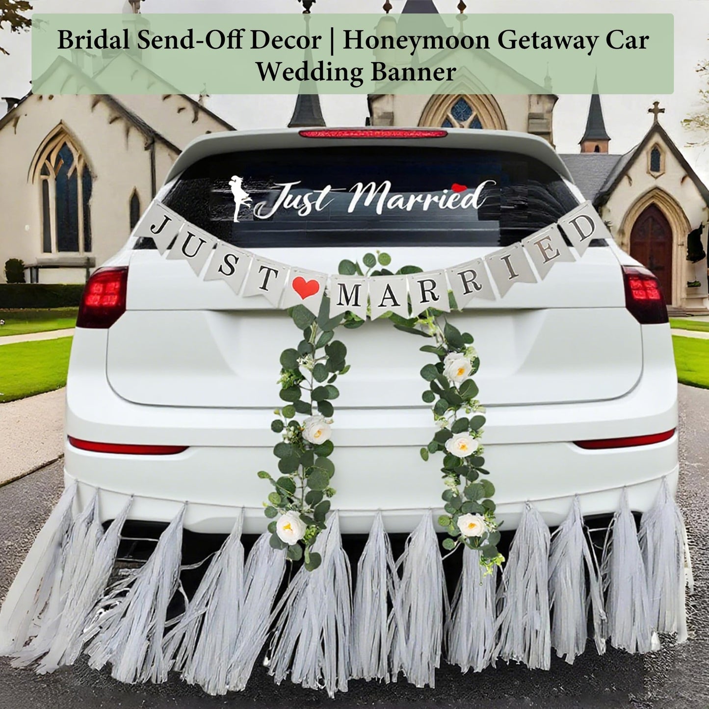 4PCS Just Married Wedding Car Decorations Kit with Greenery Vine Removable Banner Paper Tassel Static Cling Window Sticker for Bride and Groom Honeymoon Getaway Send Off Vehicle Decor