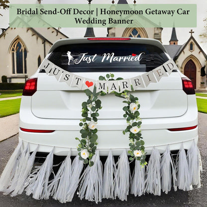 4PCS Just Married Wedding Car Decorations Kit with Greenery Vine Removable Banner Paper Tassel Static Cling Window Sticker for Bride and Groom Honeymoon Getaway Send Off Vehicle Decor