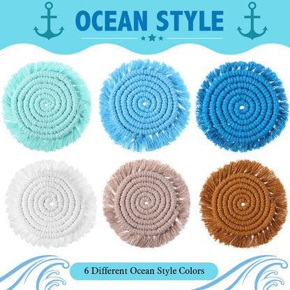 Coasters Set of 6 for Drinks Boho Absorbent Woven Cotton Coaster with Holder Farmhouse Tassel Macrame Cup Mat Housewarming Gift for Coffee Table Home Kitchen Office Decoration, 4 in(Ocean)
