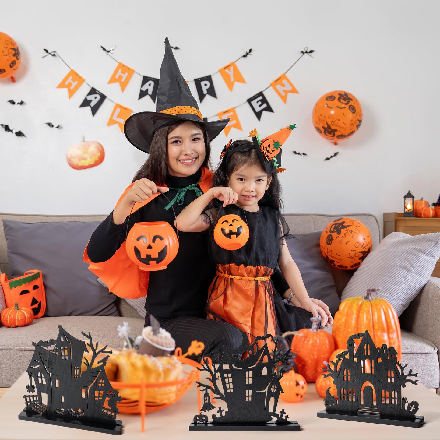 WATINC Halloween Wooden Centerpiece Decorations - 5Pcs Silhouette Haunted House Wood Tabletop Decor, Black Sketch Ghost Pumpkin Boo Detachable Tiered Tray Signs Tables Topper for Home Kitchen Party