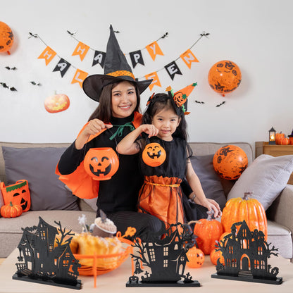 WATINC Halloween Wooden Centerpiece Decorations - 5Pcs Silhouette Haunted House Wood Tabletop Decor, Black Sketch Ghost Pumpkin Boo Detachable Tiered Tray Signs Tables Topper for Home Kitchen Party