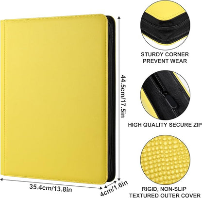 GEAoffice 16 Pocket Trading Card Binder for 1000+ Cards, Ringless Side-Loading 4x4 Card Binder with Zipper Closure, PU Leather 1024 Card Binder for MTG/TCG/Baseball/Sports&Game Cards, Yellow