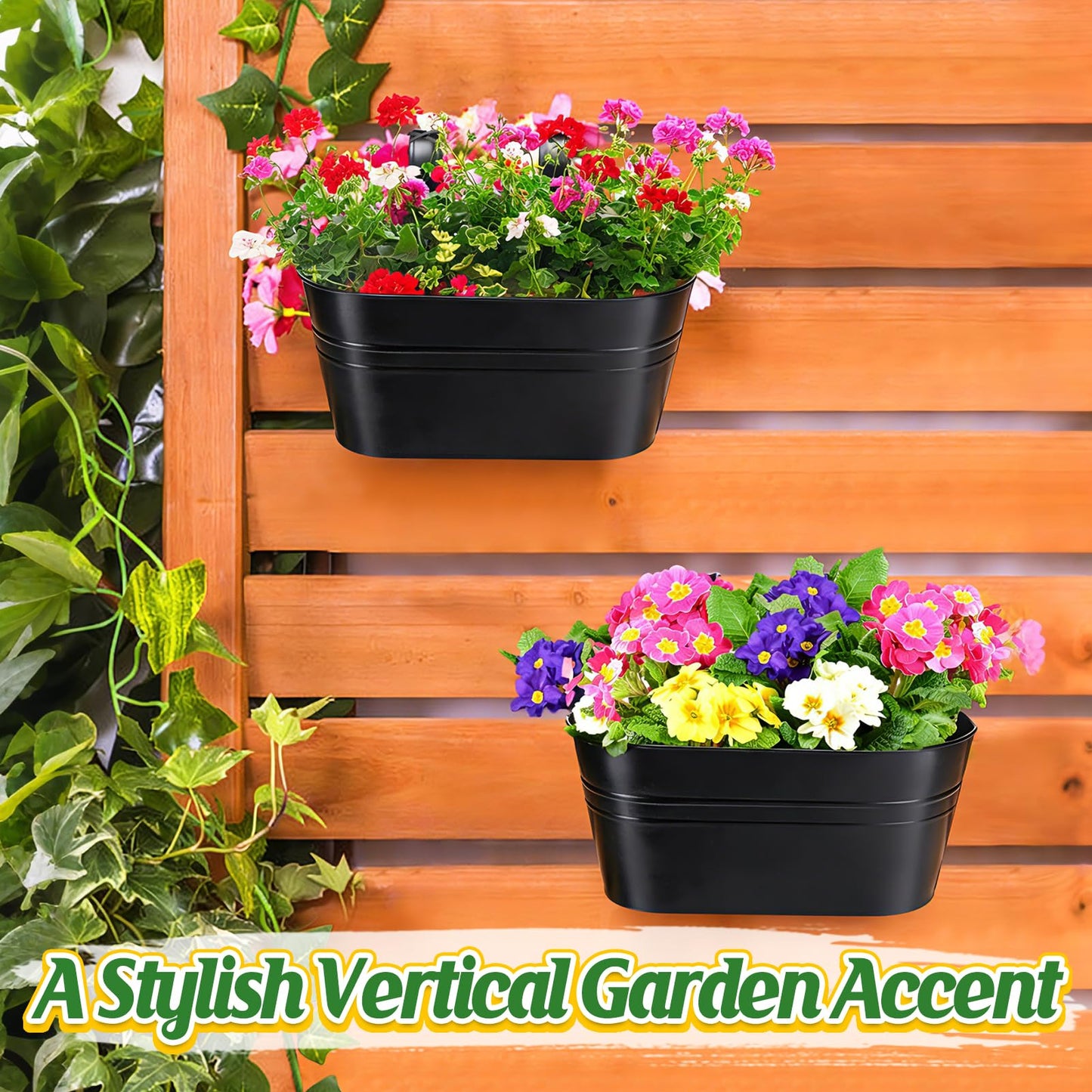MADHOLLY Railing Planter with Drainage Holes - 6Pcs Sturdy Bucket Pots for Railing Fence, Countryside Style Metal Flower Pots for Herbs Balcony Garden Yard Decor, Black