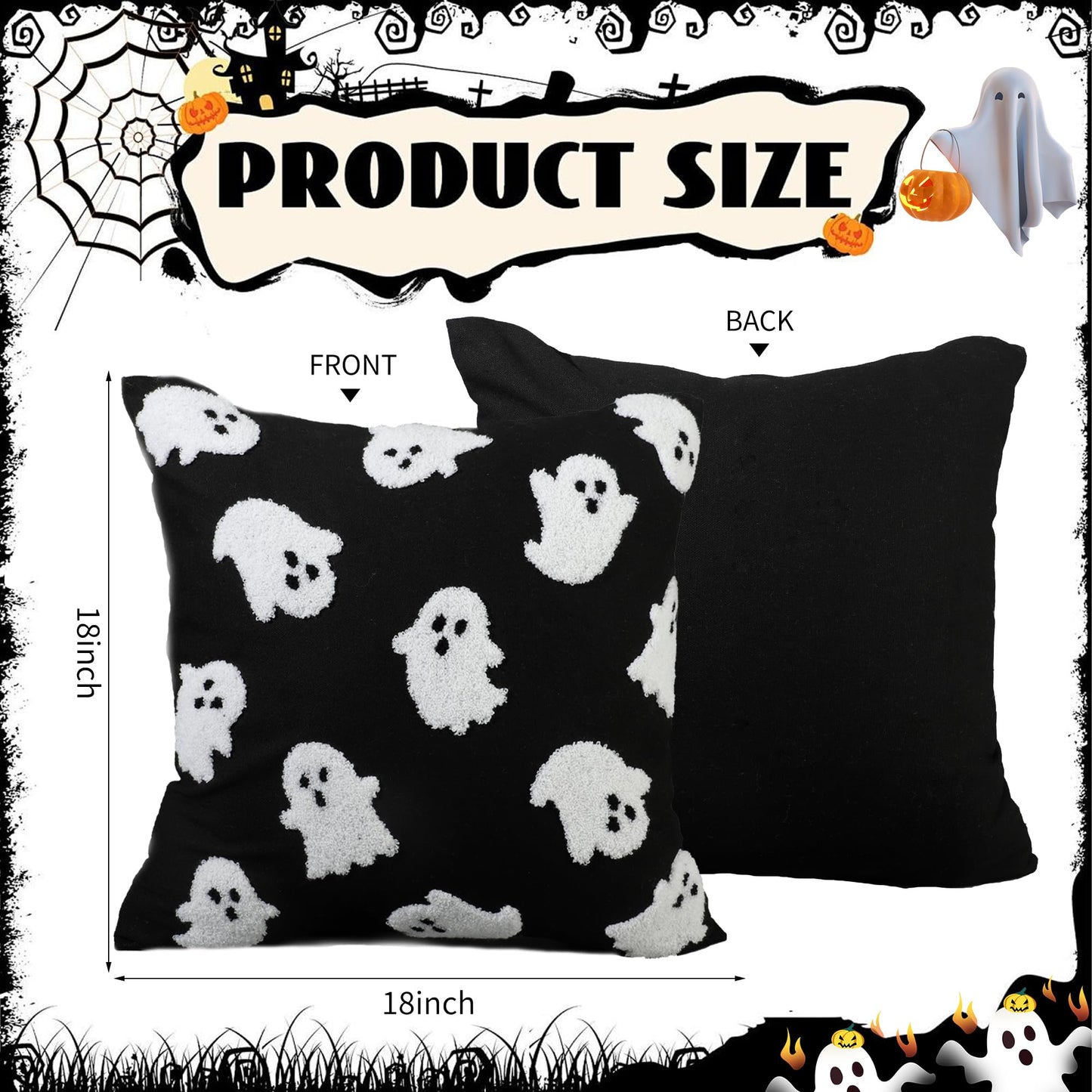 2PCS Halloween Pillow Covers 18 x 18 Inch White Ghost Throw Pillow Cases 3D Embroidered Cushion Covers Halloween Black Decorative Pillowcases for Sofa Couch Bed Living Room Home Indoor Outdoor Decor