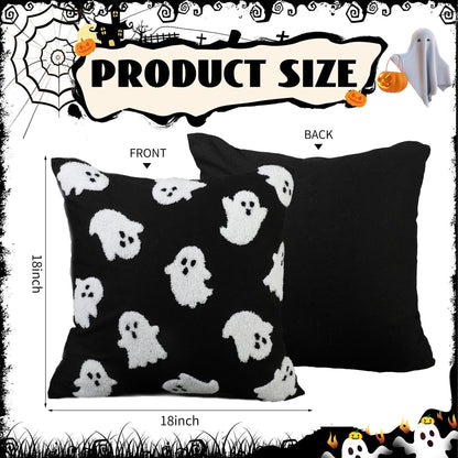 2PCS Halloween Pillow Covers 18 x 18 Inch White Ghost Throw Pillow Cases 3D Embroidered Cushion Covers Halloween Black Decorative Pillowcases for Sofa Couch Bed Living Room Home Indoor Outdoor Decor