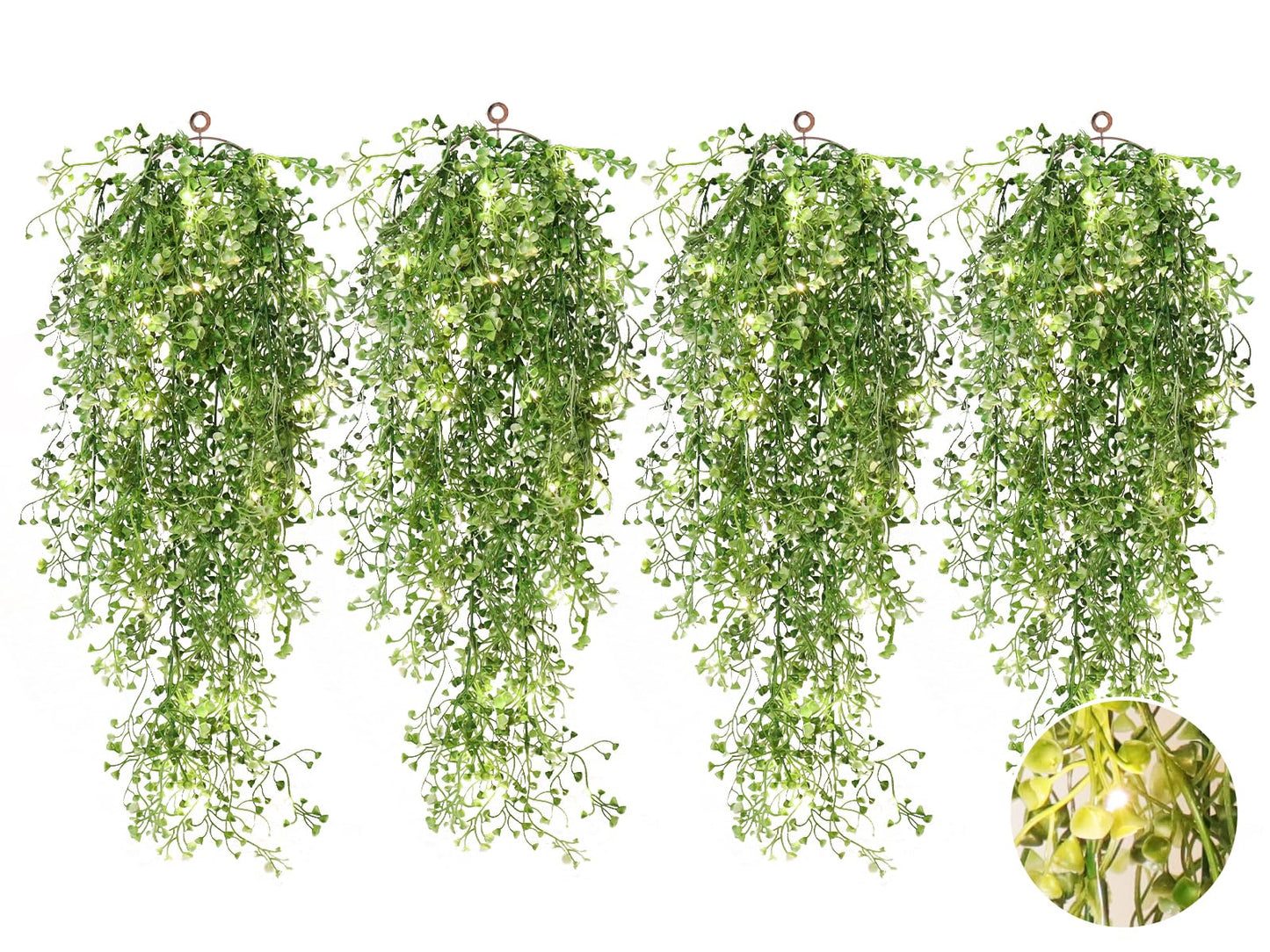 RECUTMS Artificial Hanging Ferns 2.5ft Artificial Ivy Vine Greenery with 30 LED Large Faux Wall Plants Artificial Plants Outdoor for Farmhouse Room Corridor Window Decor 4 PCS (White)