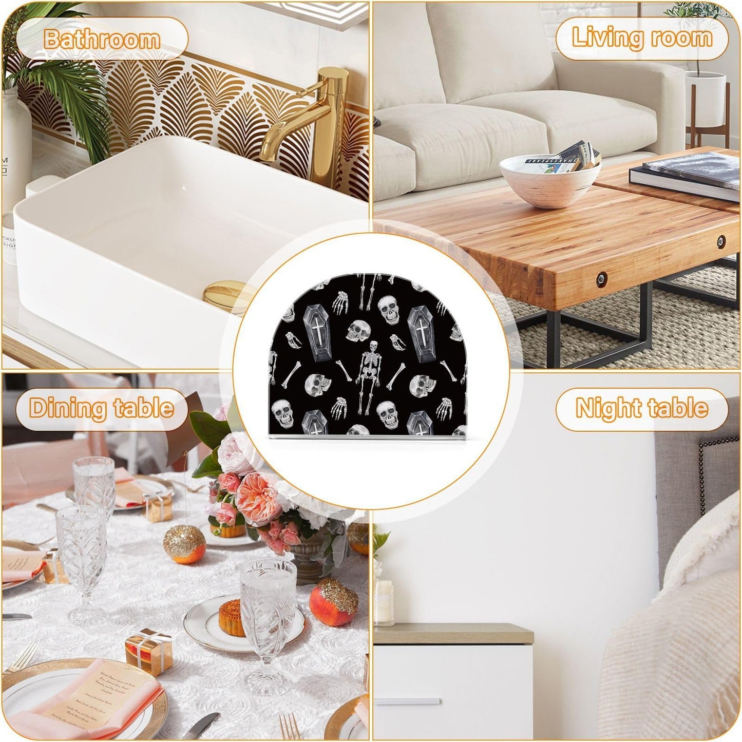 YNNALE Gothic Skull Skeleton Coffin Black Napkin Holder for Table Acrylic Cocktail Napkin Holders Decorative Tissue Dispenser Vertical Napkin Holder for Home Decor Kitchen Dining