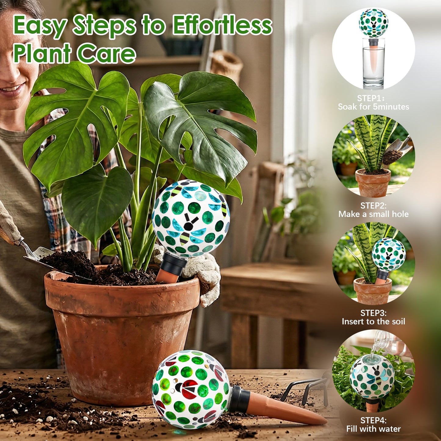 Chonsun Terracotta Plant Watering Globes Mosaic Self Watering Spikes 2 Pack for Indoor Outdoor Plants Automatic Plant Waterer Plant Watering Devices for Garden Home Decor