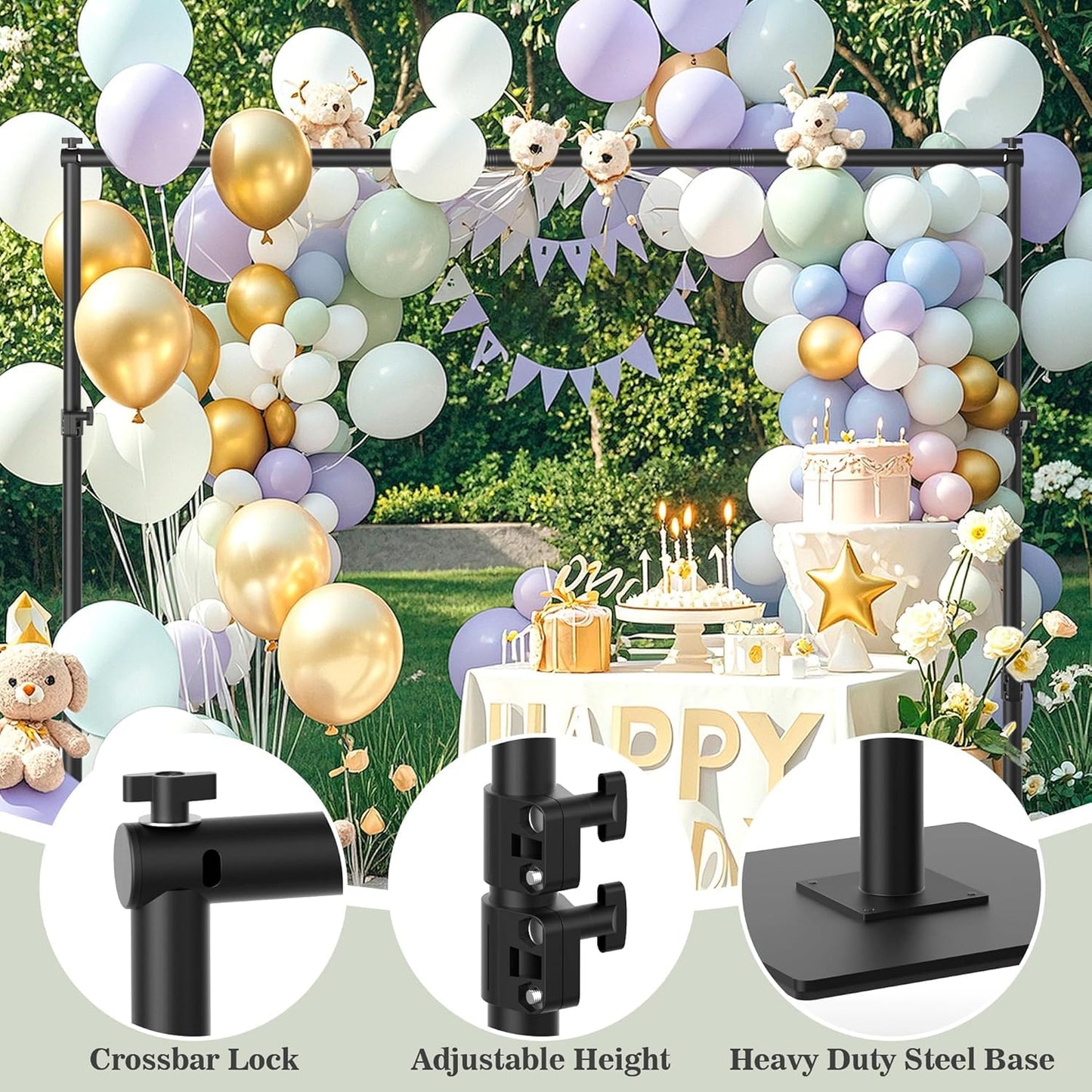 Backdrop Stand 10x10 ft Adjustable Photo Backdrop Stand Kit, Heavy Duty Pipe and Drape Photography Background Support with Flat Metal Base for Wedding, Party, Video Studio, Birthday, Black