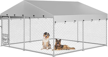 YITAHOME 10'x10' Outdoor Dog Kennel with Rotating Feeder Bowls, Outdoor Dog Enclosure with Roof, Heavy Duty Dog Cage for Large Dogs