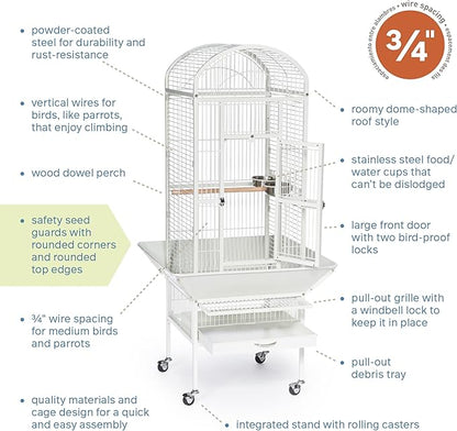 Prevue Pet Products Dome Top Bird Cage - Powder‑Coated Steel Cage with Wheels, Push Button Locks, Seed Guards and Perch, Ideal for Cockatiels, and All Small-Medium Sized Birds - Chalk White