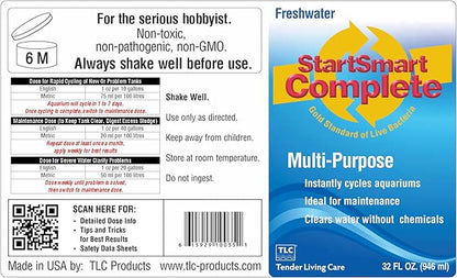 TLC Products StartSmart Complete Freshwater Aquarium Cycle Starter & Beneficial Nitrifiers, Supports Clear Water & Biofiltration, Reduces Excess Sludge, 32 oz. (946 ml)