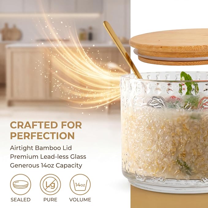 YORY 14oz Vintage Glass Mugs with Bamboo Lids & Spoons, 4-Pack gift set | Perfect for Overnight Oats, Yogurt, Coffee Tea , Kitchen, Housewarming ,women