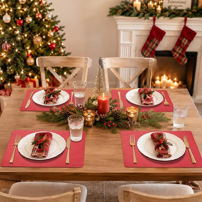 Maxpearl Red Placemats Set of 6, Faux Leather Dining Table Mats -Waterproof - Wipe Clean - Heat Resistant - Anti Slip, Suitable for Indoor & Outdoor Use, 17''×12''