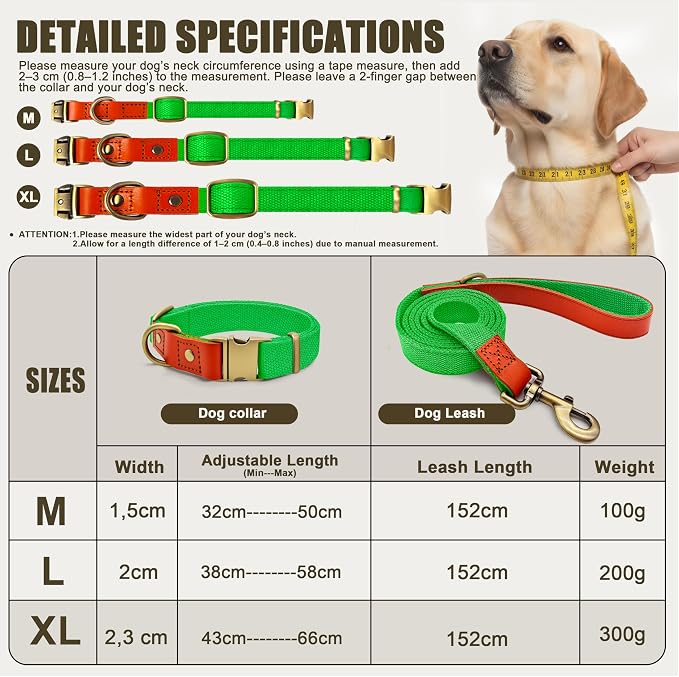 Dog Collar and Leash Set with Metal Quick Release Buckle, Adjustable, Breathable Nylon, Durable, Soft and Comfortable, No Pull for Walking and Training, Fluorescent Green, XL (16.9"-26")
