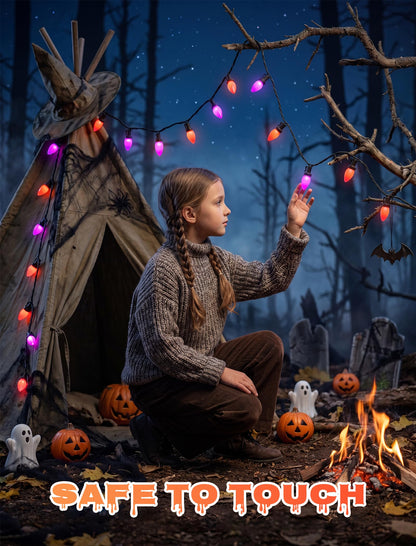 Romasaty Purple and Orange Halloween Lights, 26FT 50 Count Halloween C7 LED String Lights for Indoor/Outdoor Use, Purple Orange Lights for Patio Home Party Garden Yard-Black Wire