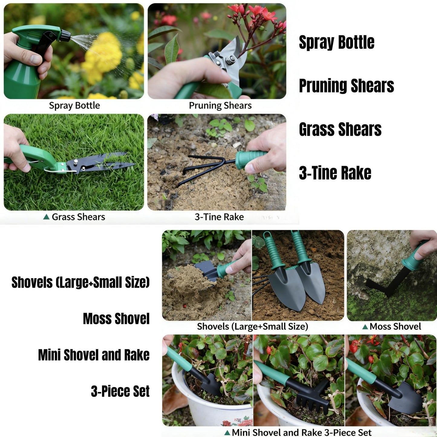 10-Piece Garden Tools Set - Heavy Duty Hand Gardening Kit: Shovel, Pruners, Trowel, Rake for Plant Care, Bonsai Trimming, Weeding & Yard Work (Green)