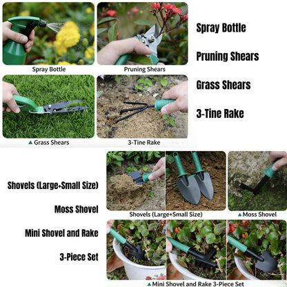 10-Piece Garden Tools Set - Heavy Duty Hand Gardening Kit: Shovel, Pruners, Trowel, Rake for Plant Care, Bonsai Trimming, Weeding & Yard Work (Green)