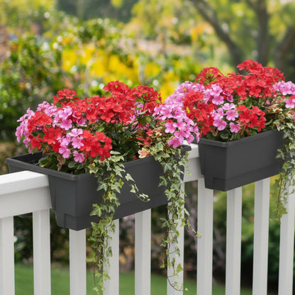 Railing Planter Box 2-Pack - 20.75-Inch Flower Boxes with Removable Drainage Inserts - 6-Gallon Outdoor Planters for Porch, Deck, or Balcony Decor, Fits Rail 3” - 4” by Pure Garden (Gray)