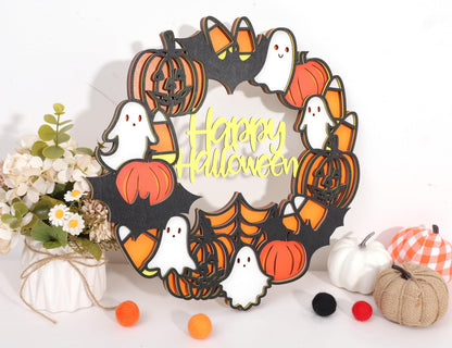 Happy Halloween Wooden Hanging Sign - Halloween Party Decorations, Halloween Ghost Sign, Bat Ghost Pumpkin Wreath, Halloween Garland, Wooden Wreath Wall Hanging Decor(HALLOWEEN SIGN)