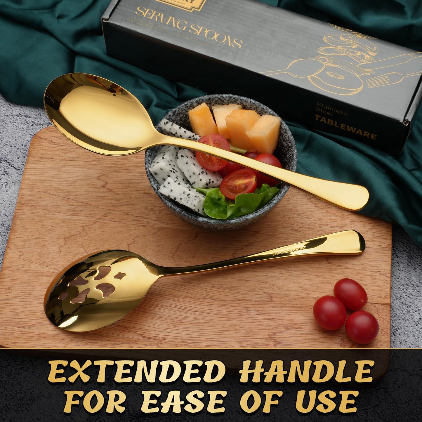 Keyoxy 6 Piece Stainless Steel Serving Spoon Set - 3 Large, 3 Slotted,Dishwasher Safe,10-Inch,Gold, for Parties/Kitchen/Buffet/Catering