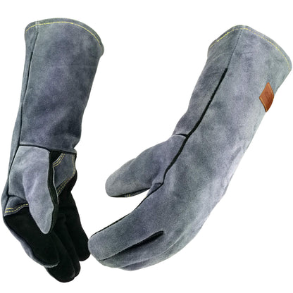 WZQH 16 Inches,932℉,Leather Welding Gloves, Heat/Fire Resistant,Large Mitts for BBQ,Oven,Grill,Fireplace,Tig,Mig,Forge,Baking,Furnace,Stove,Pot Holder,Animal Handling Glove.L Black-gray