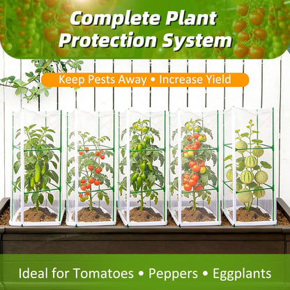 NRWRTY 3 Pack Square Tomato Cages with 3 Plant Covers, 47 Inch Tall Cages for Tomato, Tomato Trellis with Bird Netting, Vertical Garden Trellis for Climbing Plants Vegetables in Outdoor