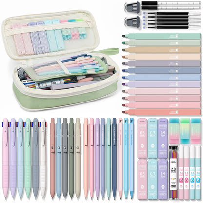 Four Candies 56 PCS Stationery Set, Cute Organizer with Supplies, 6 Multicolor Pens, 12 Pastel Highlighters, 5 Gel Pens Black Ink, 9 Mechanical Pencils for College Essentials Stuff (Green)