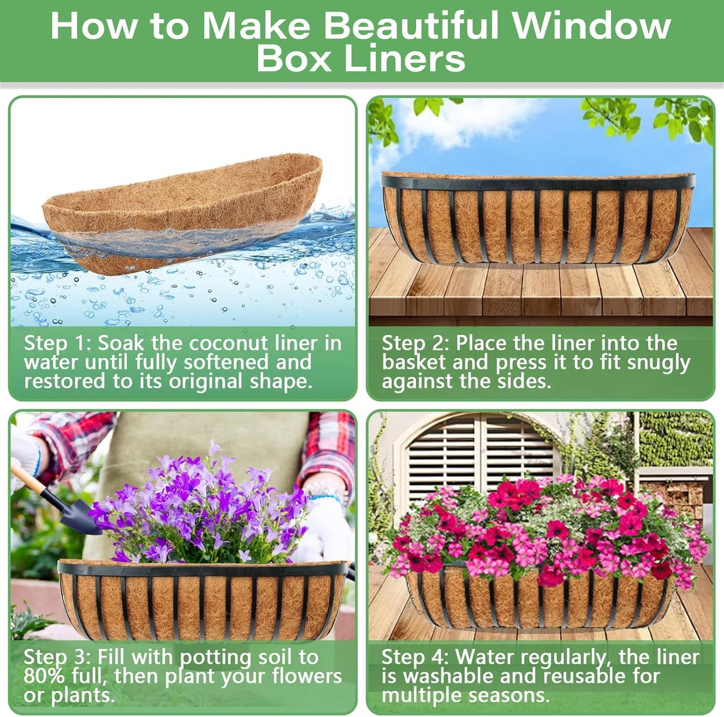 RAYRONGLY Pack of 1 PCS 55 Inch Trough Coco Fiber Replacement Liner, Pre-Formed Window Basket Coco Liner, Natural Coconut Coir Planter for Wall Hanging Basket, Window Box, Flower Pot, Fence, Railing