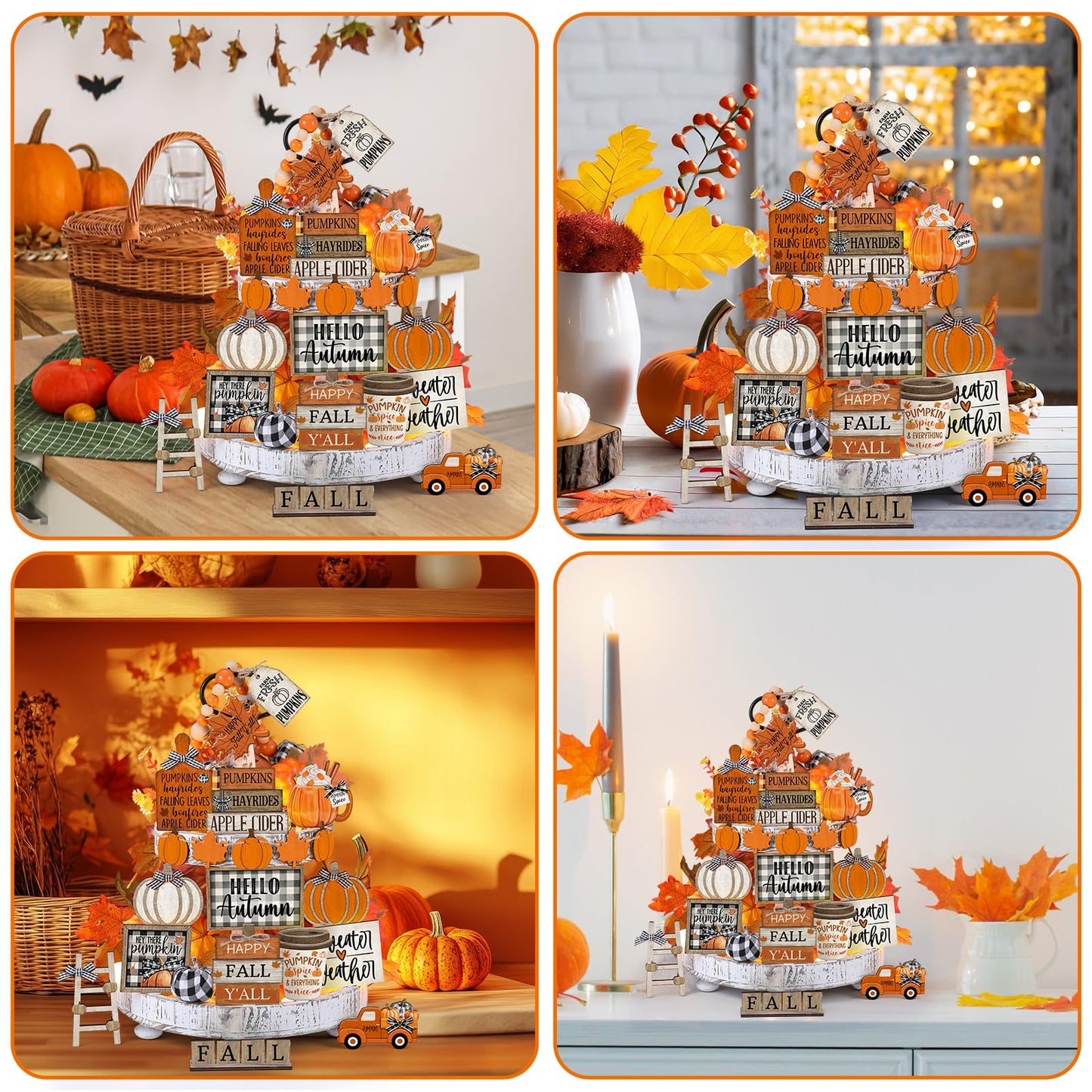 DoubleFill 21 Pcs Fall Thanksgiving Tiered Tray Decoration Set Thanksgiving Table Sign Pumpkins Farmhouse Gnome Maple Leaves Centerpieces Harvest Wood Blocks Signs Fall Block Tabletop for Autumn