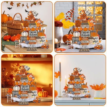 DoubleFill 21 Pcs Fall Thanksgiving Tiered Tray Decoration Set Thanksgiving Table Sign Pumpkins Farmhouse Gnome Maple Leaves Centerpieces Harvest Wood Blocks Signs Fall Block Tabletop for Autumn