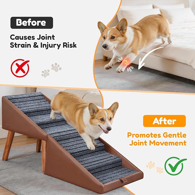 22.8” H Dog Stairs for High Bed, 6-Step Non-Slip Dog Ramp, Foldable 2-in-1 Pet Stairs & Ottoman, Upgraded Pet Steps for Puppies, Senior Dogs & Injured Pets, Solid Wood Frame (Brown)