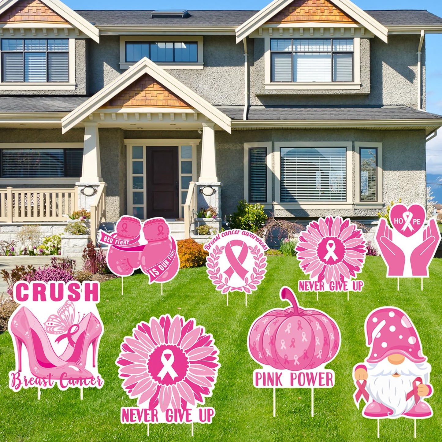 Breast Cancer Awareness Yard Signs with Stakes for Lawn Including Pink Ribbon, Pumpkin, gnome, Gloves Sign for Outdoor Yard Decor Breast Cancer Awareness Party 8pcs