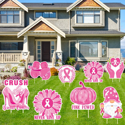 Breast Cancer Awareness Yard Signs with Stakes for Lawn Including Pink Ribbon, Pumpkin, gnome, Gloves Sign for Outdoor Yard Decor Breast Cancer Awareness Party 8pcs