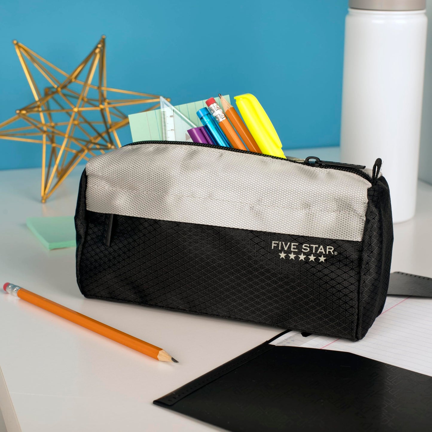 Five Star Pencil Pouch, Pen Case, 9-Pocket Zipper Pouch, Storage Organizer for School Supplies Earbuds Chargers Cables Makeup, Black/Grey (505600A-ECM)