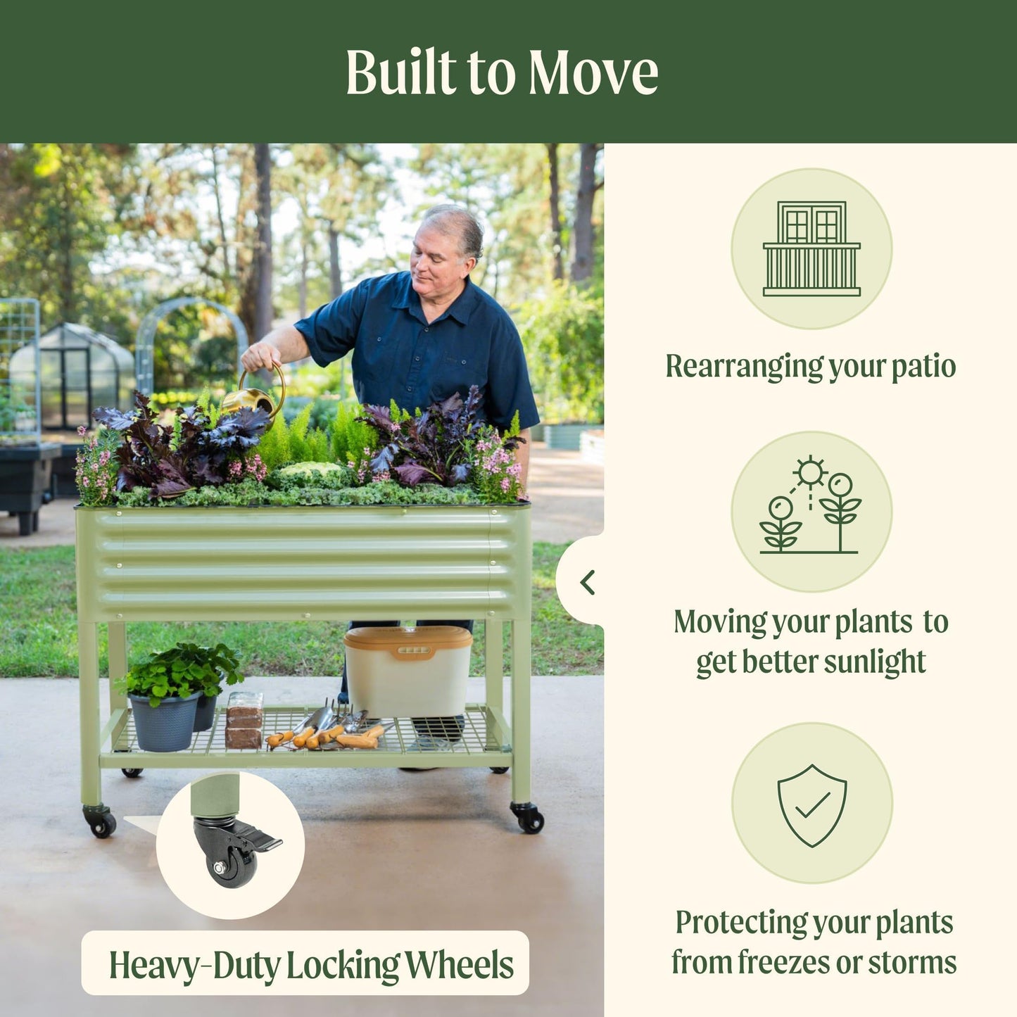 Rolling Elevated Raised Garden Bed-V Series, 2' x 4' Garden Beds with Legs & Storage Rack for Patio & Porch, 700 Lbs Weight Capacity, Outdoor Planter Box for Vegetables Flower Herbs, Olive Green