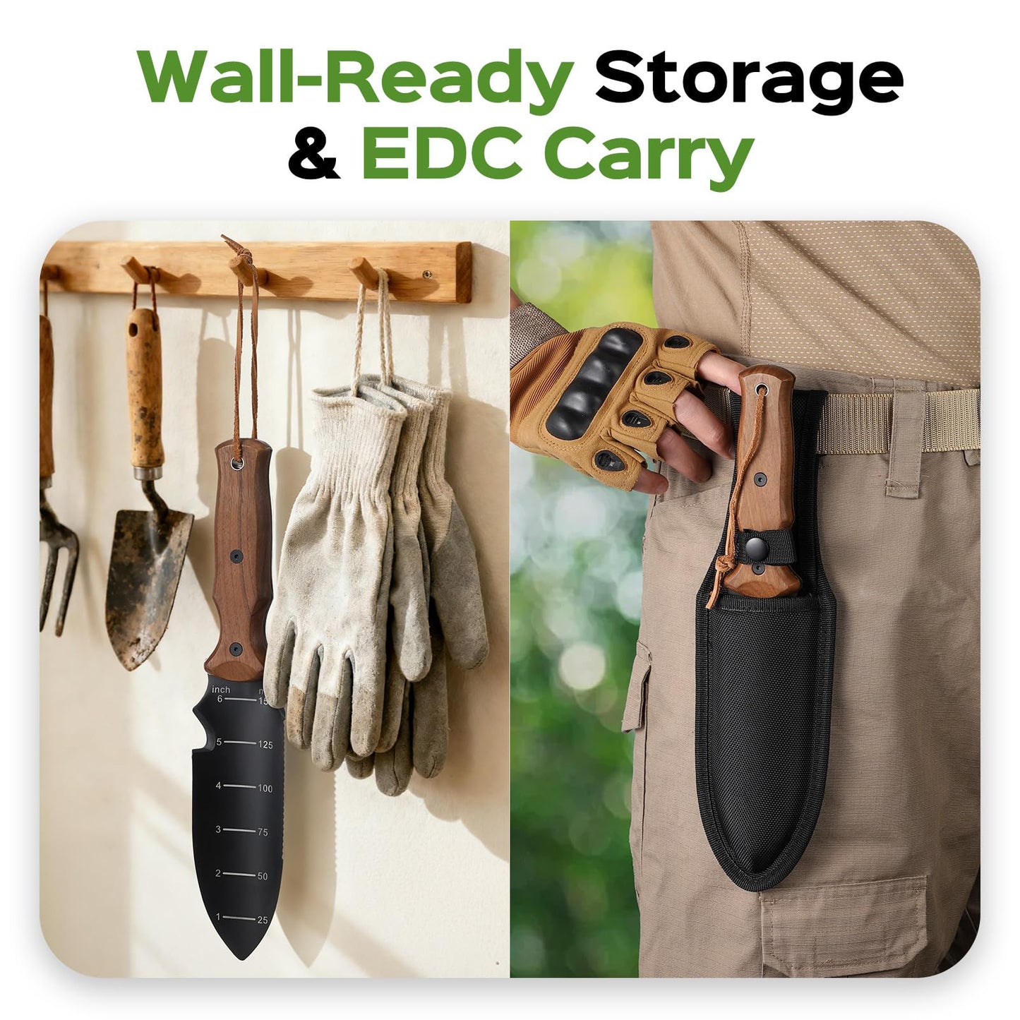 Hori Hori Garden Knife, Garden Tools Trowel with EDC Sheath, Gardening Tools for Weeding Digging Planting with 7" Stainless Steel Blade,Dual-Scale Measurement,Hanging Hole, Gifts for Women Mom Men Dad