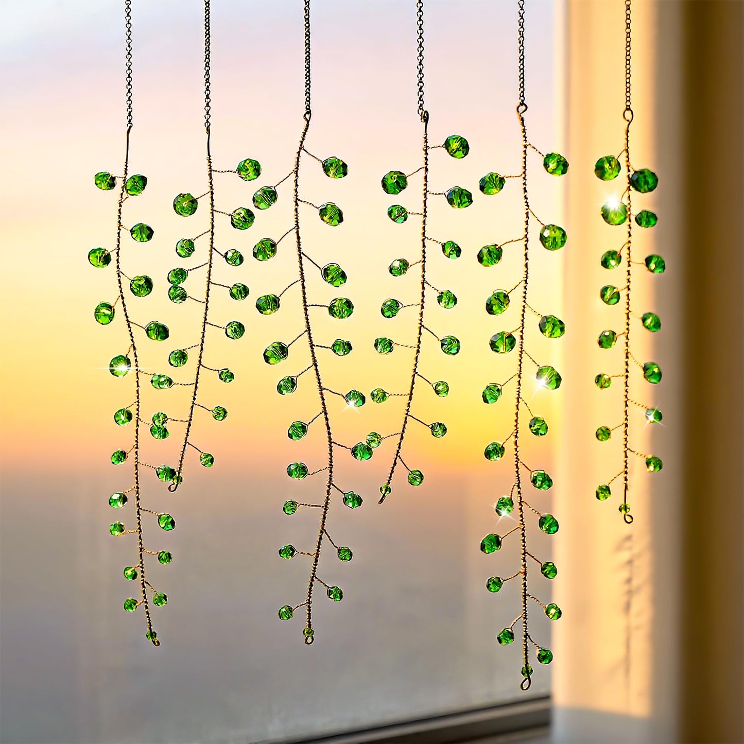 H&D HYALINE & DORA 6 Pcs Crystal Beaded Suncatchers Artificial Green Plants Hanging Wind Chime with Chain for Window Indoor Outdoor Potted Plants Decorations Plant Lover Gift