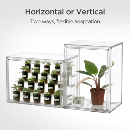 HBlife Mini Greenhouse for Indoor, Clear Stackable Green House with Magnetic Door & Adjustable Drainage Dividers, Tabletop Portable Greenhouse for Small Plants Nursery Germination and Display, 1 Pack