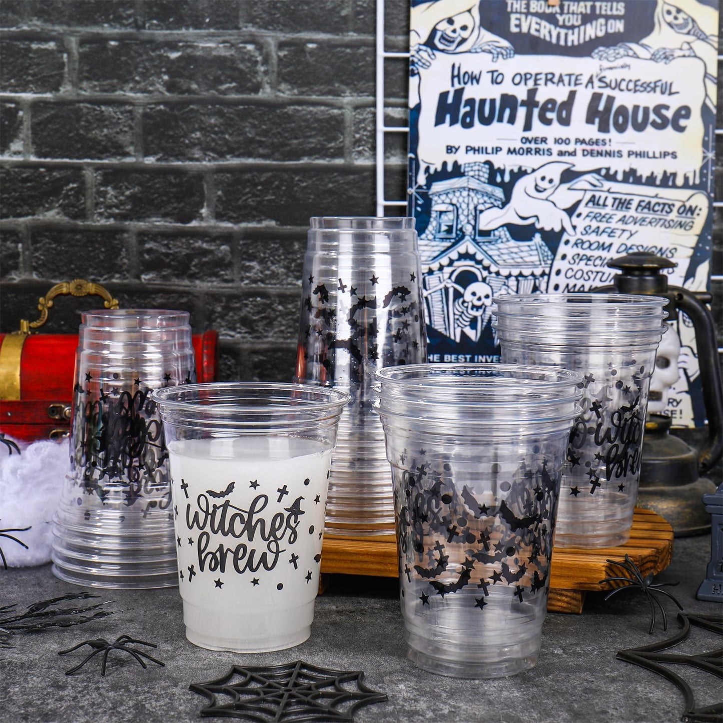 Whaline 50 Pcs 12 Oz Halloween Disposable Cup Witches Brew Plastic Party Cup Bat Clear Glasses for Coffee Juice Drink Party Supplies