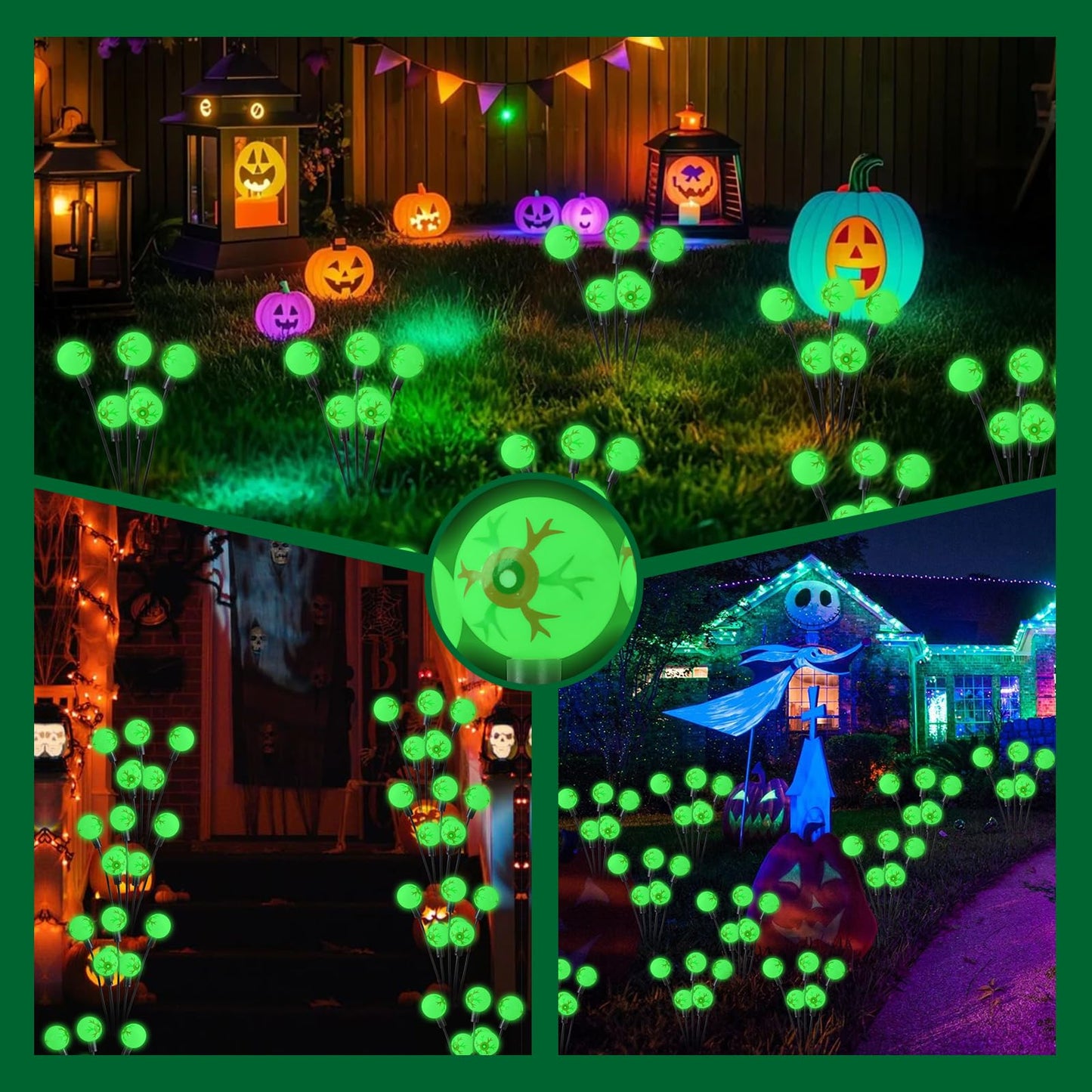 MOUOUSO Solar Halloween Lights，2 Pack Outdoor Halloween Decorations Lights, 12LED Green Eyeball Swaying Lamps for Garden Decor, Yard, Lawn, Party Decorations